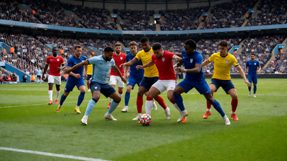 足球比赛现场球员争抢与球场全景，足球赛事解决方案配图